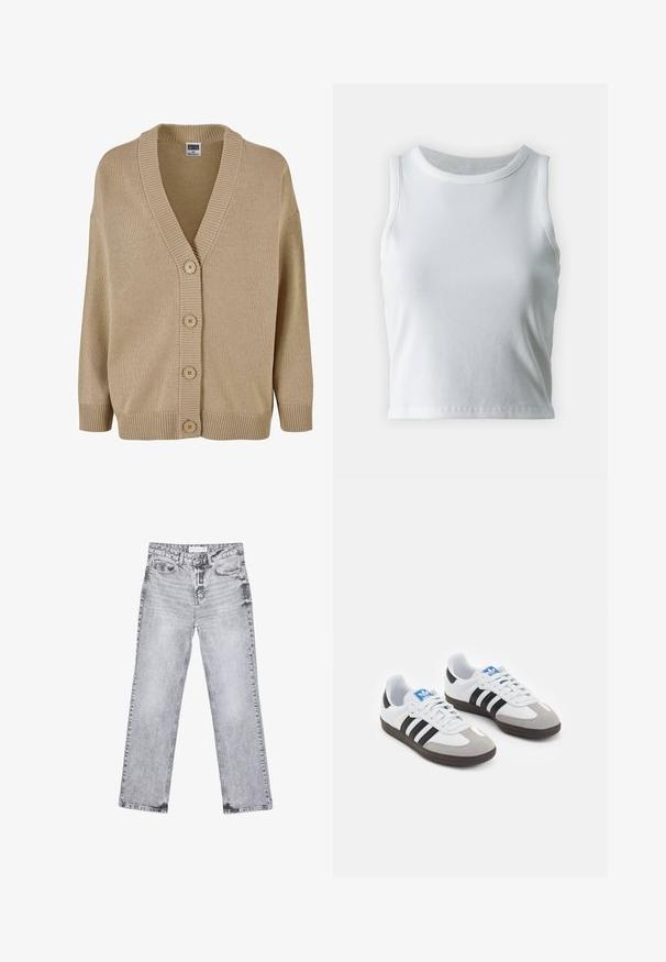 Cardigan beige lavorato a maglia con scollo a V, colletto a coste e chiusura con cinque bottoni. Presenta maniche larghe e un motivo di tessuto texturizzato.; Top a canotta bianco a coste con scollatura rotonda e senza maniche, caratterizzato da un orlo dritto e una texture liscia e elastica.; Jeans in denim grigio con taglio dritto, dettagli sfilacciati, cinque tasche e rivetti in rame. La cintura presenta un'etichetta con il logo.; Scarpe sportive con tomaia in pelle bianca, punta in suede grigia e tre strisce nere. Presentano un logo blu sulla linguetta e una suola in gomma testurizzata.