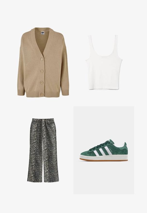 Cardigan beige lavorato a maglia con scollo a V, colletto a coste e chiusura con cinque bottoni. Presenta maniche larghe e un motivo di tessuto texturizzato.; Top in cotone bianco senza maniche, con scollatura ampia e linea aderente. Tessuto liscio, design semplice e dettagli di cucitura minimi.; Pantaloni a gamba larga con stampa leopardata realizzati in un tessuto morbido, dotati di vita alta, cinque tasche e chiusura con bottone metallico.; Sneaker in suede verde con strisce in pelle bianca, suola in gomma, collarino imbottito e design minimalista. Presenta il marchio sul lato.
