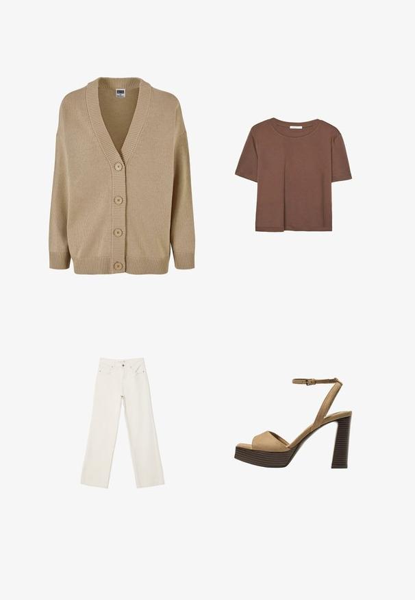 Cardigan beige lavorato a maglia con scollo a V, colletto a coste e chiusura con cinque bottoni. Presenta maniche larghe e un motivo di tessuto texturizzato.; Maglietta a maniche corte marrone realizzata in tessuto morbido, con scollatura rotonda e vestibilità rilassata. Nessun motivo o dettaglio visibile.; Jeans bianchi a gamba larga in denim, con vita alta, tasche anteriori e chiusura con bottone. Design pulito e minimal con pochi dettagli.; Sandali con tacco alto in suede beige, con una larga fascetta anteriore e una fascetta alla caviglia, dotati di un tacco blocco in legno spesso con una finitura testurizzata.