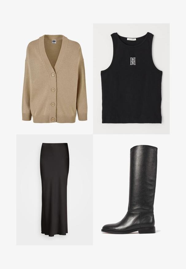 Beige gebreide cardigan met een V-hals, ribbelkraag en sluiting met vijf knopen. Beschikt over losse mouwen en een textuurpatroon in de stof.; Zwarte geribbelde tanktop met een ronde halslijn en een geborduurd logo in het wit. De stof heeft een gladde textuur met een aansluitende pasvorm.; Zwarte, vloerlange satijnen rok met een gladde textuur, een aansluitende tailleband en een A-lijn silhouet, zonder zichtbare versieringen of patronen.; Knee-high zwarte leren laars met een gestructureerde afwerking, ronde neus, gladde schacht en een lage gestapelde hak. Minimalistisch design, geen zichtbare hardware.