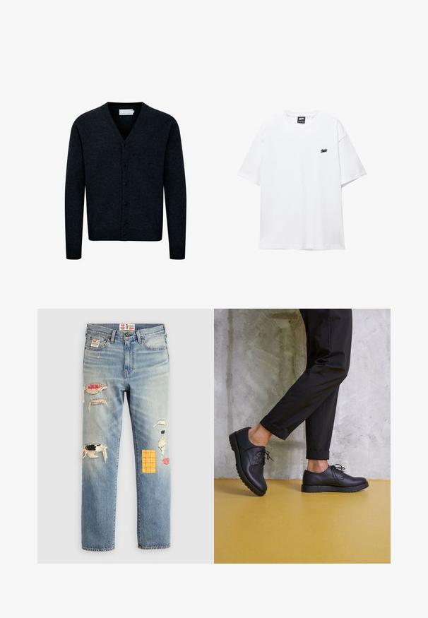 Cardigan lavorato a maglia blu navy con scollo a V, chiusura frontale con bottoni, maniche lunghe e orlo a coste. Realizzato in un tessuto morbido e texturizzato.; T-shirt bianca in cotone con maniche corte, colletto rotondo e un piccolo logo nero sul petto. Textura liscia e vestibilità casual.; Jeans in denim blu chiaro con vestibilità rilassata, caratterizzati da toppe strappate in vari colori e motivi, inclusi accenti arancioni e rossi.; Scarpe nere in pelle con lacci, punta arrotondata e suola in gomma testurizzata. Indossate con pantaloni neri corti, su uno sfondo di cemento.