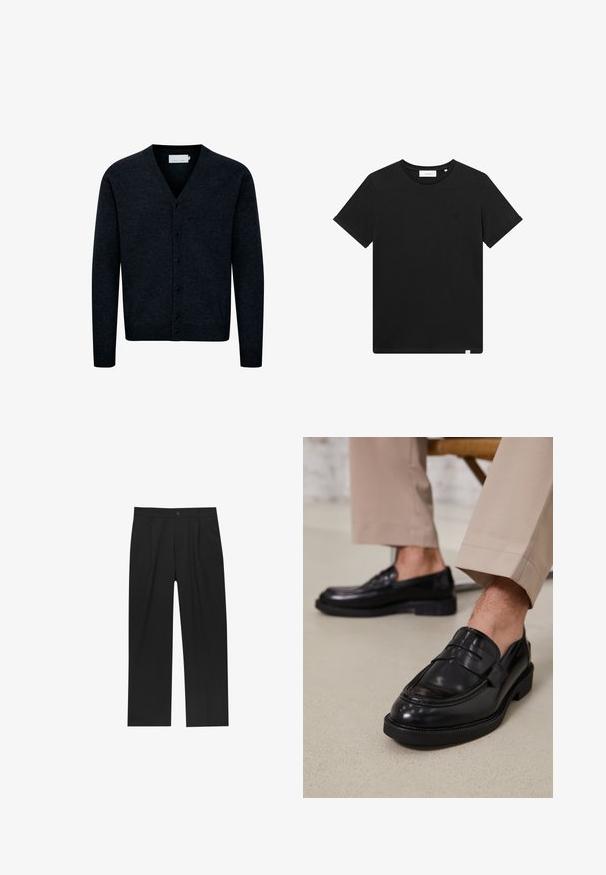 Mörkblå stickad kofta med V-ringning, framknappslås, långa ärmar och ribbad nederkant. Tillverkad av ett mjukt, texturerat tyg.; Svart kortärmad T-shirt i bomull, med rund hals och en liten logotyp broderad på bröstet. Slät textur, standard passform.; Svarta byxor med rak ben-design, tillverkade av ett jämnt tyg. Har framfickor och en enkel knapplåsning i midjan.; Svarta läder loafers med en slät finish, prydda med en dekorativ rem och kontrastsöm, tillsammans med beiga byxor.