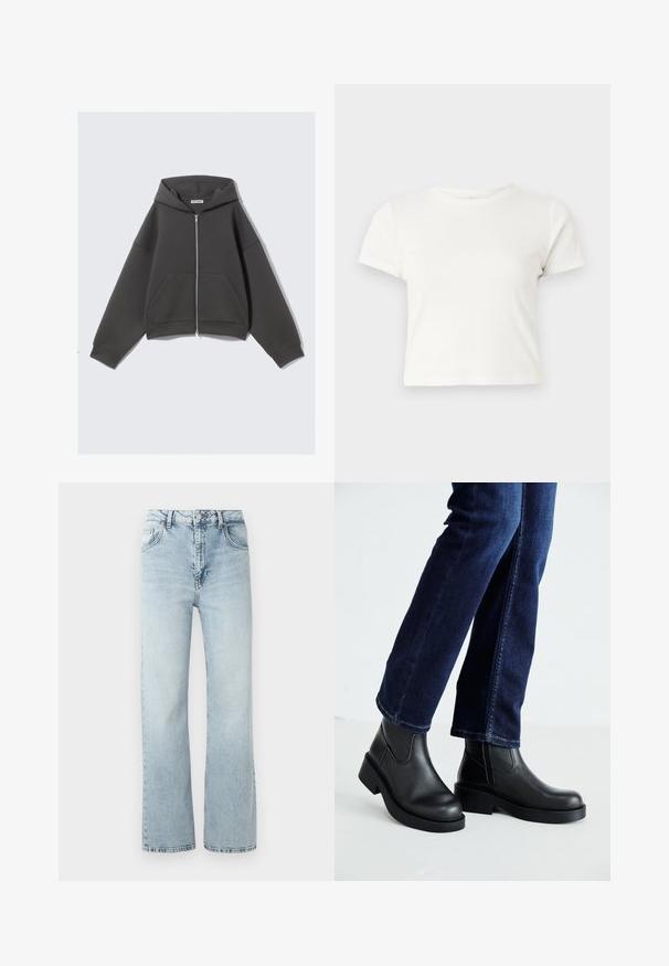 Gray zip-up hoodie made from soft fabric with a relaxed fit, large front pockets, and a drawstring hood. Simple design, no patterns.; Short white t-shirt made of cotton with short sleeves, a round neckline, and a straight hem, featuring a smooth texture and minimal design.; Light blue denim jeans with a high waist, wide-leg fit, and subtle fading. Features classic five-pocket design and metal button closure.; Black leather ankle boots with a chunky sole and side elastic panels, paired with dark blue jeans. The ground is light-colored.