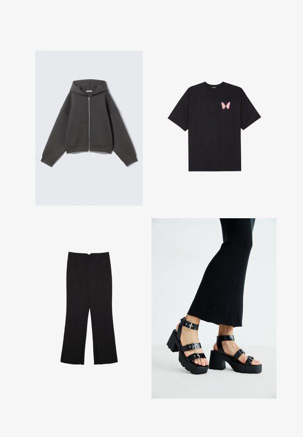 Felpa grigia con zip realizzata in tessuto morbido, dal taglio relaxed, con grandi tasche anteriori e cappuccio regolabile con cordini. Design semplice, senza motivi.; T-shirt nera in cotone con maniche corte, caratterizzata da una piccola grafica di una farfalla rosa sul lato sinistro del petto. Design a girocollo con una vestibilità rilassata.; Pantaloni neri a gamba dritta, con tasche frontali e spacchi laterali all'orlo. Realizzati in tessuto morbido e liscio. Adatti a diverse occasioni.; Sandali neri con piattaforma, suole chunky e tassellate, dotati di molteplici cinturini, con fibbie in metallo e un texture simile alla pelle liscia.