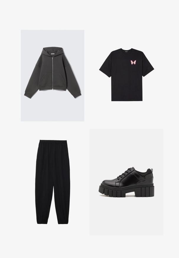 Grijze zip-up hoodie gemaakt van zachte stof met een relaxed fit, grote frontzakken en een capuchon met trekkoord. Eenvoudig ontwerp, geen patronen.; Zwarte katoenen t-shirt met korte mouwen, voorzien van een kleine roze vlinder graphic op de linkerkant van de borst. Crew neck ontwerp met een relaxte fit.; Zwarte, lichte broek met een elastische tailleband en gathered enkels. De stof is glad en heeft een ontspannen, taps toelopend ontwerp.; Zwarte leren platform schoenen met een stevige blokhak, ronde neus en een traditionele vetersluiting. Kenmerkt zich door een gladde textuur en minimale details.