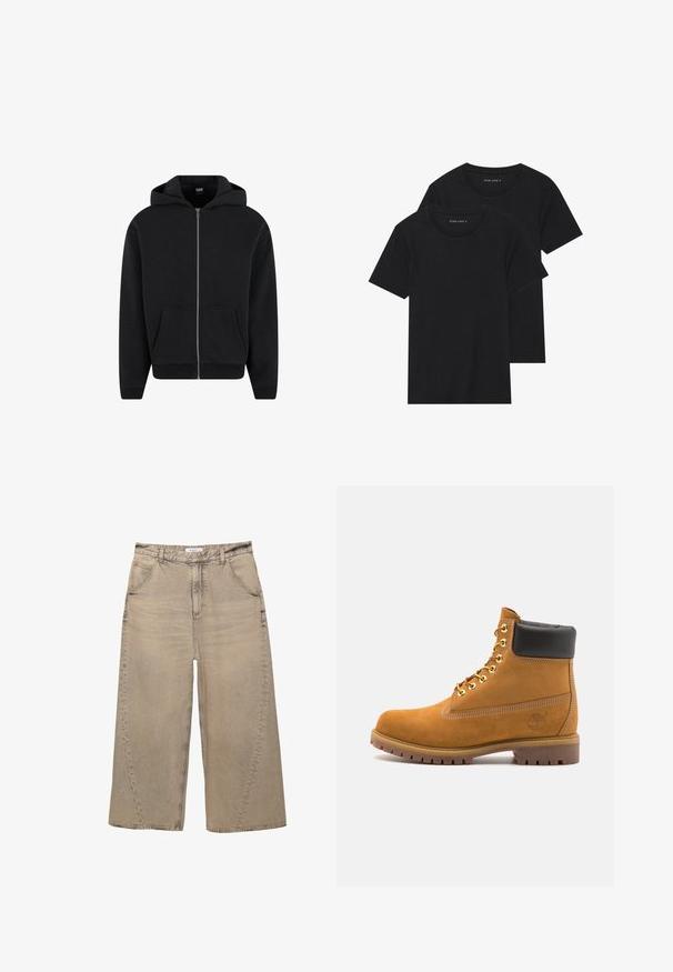 Musta vetoketjuhuppari, joka on valmistettu pehmeästä kankaasta. Siinä on huppu, etutaskut ja ribatut hihansuut sekä helma. Yksinkertainen muotoilu ilman kuvioita.; Kaksi mustaa puuvillapaitaa lyhyillä hihoilla, pyöreällä kauluksella ja sileällä pinnalla, esillä päällekkäin.; PULL&BEAR MEGA BAGGY - Baggy-farkut - light grey; Valkoinen nahkainen nilkkuri mustalla pehmustetulla kauluksella, kultaisilla metallisilla rei'illä, valkoisella ompeluksella ja jykevällä kumipohjalla, jossa on selvästi näkyvät urat.