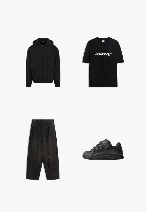 Čierna zapínacia mikina z mäkkej látky s kapucňou, prednými vreckami a rebrovanými manžetami a spodným lemom. Jednoduchý dizajn bez vzorov.; Čierne bavlnené tričko s krátkymi rukávmi a okrúhlym výstrihom, s bielym logom "ARCHIVE inc." na hrudi.; Čierne nohavice s širokými nohavicami z denimu, viditeľné švy a rozstrapkané okraje, so zapracovanými prednými vreckami a vysokým pásom.; Čierne tenisky s hladkým koženým zvrškom, štruktúrovanými akcentami a okrúhlymi čierno-bielymi šnúrkami. Hrubá gumená podrážka s vzorovaným dezénom.