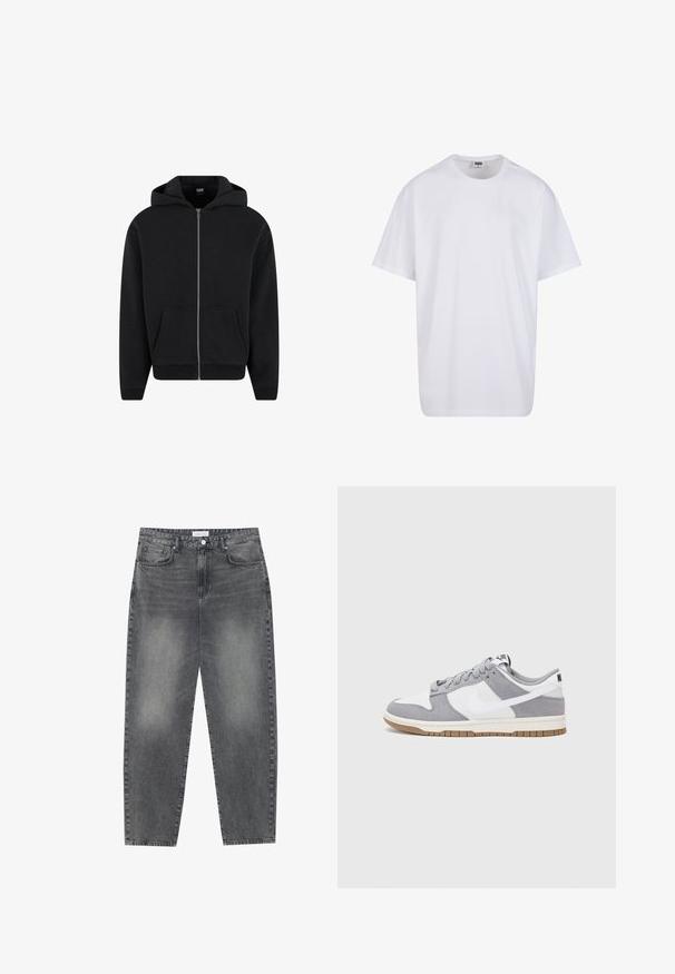 Černá mikina s kapucí na zip vyrobená z měkké látky, která má kapuci, přední kapsy a žebrované manžety a lem. Jednoduchý design bez vzorů.; Bílé triko z bavlny s krátkým rukávem, kulatým výstřihem, volným střihem a bez viditelných log či vzorů. Hladká textura a minimalistický design.; Kalhoty s vysokým pasem, volného střihu, vyrobené z vybledlého černého denimu. Mají pět kapes, poutka na opasek a čistý, rovný střih nohavic.; Šedé a bílé tenisky s svrškem z jemné kůže a kůže, kulatou špičkou, plochými tkaničkami a gumovou podrážkou s akcentem v barvě gumy.
