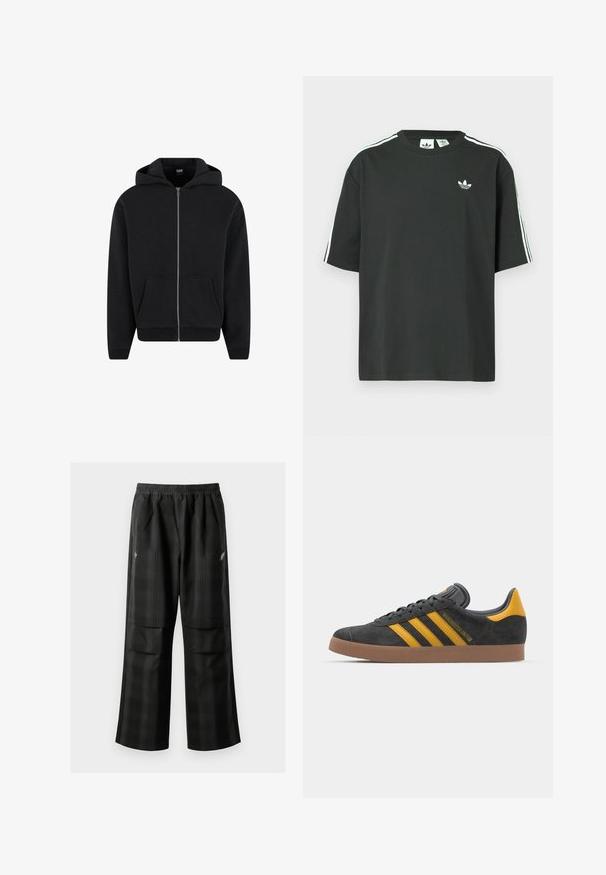 Hoodie zippé noir en tissu doux, avec capuche, poches avant et poignets et ourlet côtelés. Design simple sans motifs.; T-shirt en coton noir à manches courtes, col rond, avec un détail blanc à trois bandes sur les épaules. Présente un petit logo blanc sur la poitrine.; Pantalons à carreaux noirs avec une taille élastique, deux poches avant et une coupe ample avec une conception à jambe droite. Fabriqués en matériau léger.; Baskets en suede noir avec des accents jaunes, présentant trois rayures et une semelle en caoutchouc marron. Comprend une languette rembourrée pour le confort.