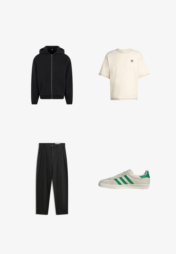 Felpa con zip nera realizzata in tessuto morbido, dotata di cappuccio, tasche frontali e polsini e orlo a costine. Design semplice senza motivi.; T-shirt oversize color crema realizzato in cotone, con maniche corte, colletto rotondo e logo Adidas nero sul petto sinistro.; Pantaloni in cotone neri con una vestibilità rilassata, dotati di una vita classica, pieghe frontali e tasche laterali. Tessuto liscio senza fantasie.; Sneaker beige con strisce verdi, con suola bianca e tomaia in pelle liscia. Vista laterale che evidenzia i dettagli dei lacci e il logo.