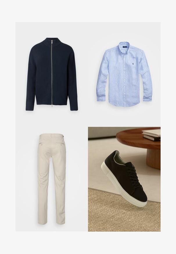 Sweatshirt azul-marinho com fecho zip e gola alta, mangas longas e textura suave. Apresenta um fecho prateado e um design minimalista.; Camisa de manga longa azul e branca com riscas, feita de algodão, apresentando um colarinho abotoado, botões frontais e um pequeno logotipo bordado no peito.; Calças bege com uma textura suave, corte reto, dois bolsos traseiros com botões e uma cintura padrão.; Sneaker preto com sola branca flutuando acima de um tapete texturizado bege, perto de uma mesa redonda de madeira com livros empilhados.