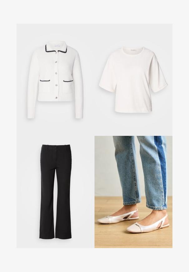 Balta vilnos kardiganas su apykakle, juodomis detalėmis ir dviem priekinėmis kišenėmis. Papuoštas sidabriniais mygtukais ir raštuotomis rankogaliais bei apvadu.; Balta medvilnės marškinėliai su laisvu siluetu, trumpomis rankovėmis su užlenkimais, apvaliu iškirpimu ir lygiu paviršiumi. Paprastas, minimalistiškas dizainas.; Juodi medvilnės mišinio kelnės su tiesiu kirpimu, priekyje su mygtukų užsegimu ir dviem šoninėmis kišenėmis. Lygi tekstūra, be matomų raštų.; Šviesiai rožiniai slingback baleto bateliai su smailiu pirštu, pagaminti iš lygios odai panašios medžiagos. Yra išpjovimų detalės šonuose ir plokščias kulnas.