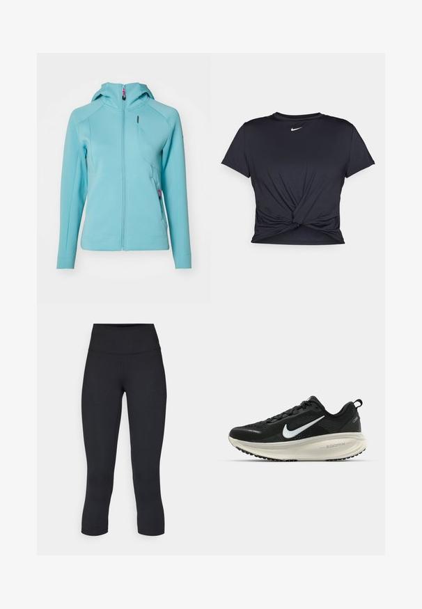 Sudadera con cremallera de color azul claro, con un bolsillo frontal, forma ajustada, textura acanalada y capucha, que presenta detalles en color rosa en la cremallera.; Camiseta atlética negra hecha de tela suave, con un diseño de nudo en la parte delantera y un pequeño logo blanco de Nike en el pecho.; Leggings negros cortos hechos de tela elástica, con una cintura alta y una textura suave, sin patrones o herrajes visibles.; Zapatilla de running Nike negra con parte superior de malla transpirable, logo Swoosh blanco, detalles texturizados y una entresuela ZoomX de color crema.