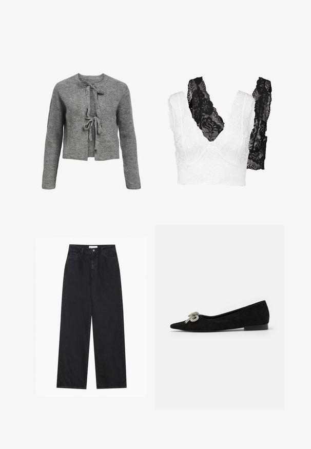 Szürke kötött pulóver kerek nyakkivágással, hosszú ujjakkal és elöl megkötős záródással. A textúra bordás, ami kényelmes megjelenést kölcsönöz.; Csipkés bralette szett, fehér virágmintával és fekete párjával. Mindkettő v-nyakú és széles, részletes pántokkal rendelkezik.; Fekete, magas derekú, bő szárú farmernadrág, elülső gombos és cipzáras záródással, övhurkokkal és öt zsebes stílussal.; Fekete velúr lapos cipő, hegyes orral, díszes ezüst szalaggal a fronton, alacsony sarkú.