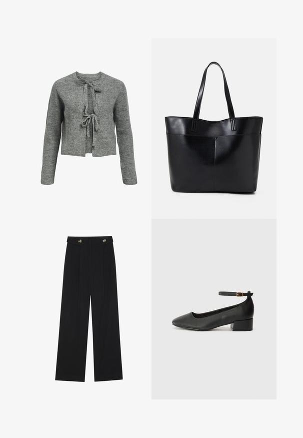 Grauer Strickpullover mit rundem Ausschnitt, langen Ärmeln und einer Schnürung vorne. Die Textur ist gerippt und vermittelt ein gemütliches Erscheinungsbild.; Schwarzes Baumwoll-T-Shirt mit Rundhalsausschnitt, kurzen Ärmeln und entspannter Passform. Glatte Textur und keine sichtbaren Muster oder Verzierungen.; Schwarze weite Hosen mit hoher Taille, Knopfdetails am Bund und vorderen Falten.; Schwarze Lederpumps mit spitzem Zehenbereich und niedrigem Blockabsatz. Mit einem Knöchelriemen und einer goldfarbenen Schnalle. Glatte Textur.; Schwarze Leder-Shopper-Tasche mit zwei langen Griffen, einer glatten Textur und einer strukturierten Form. Verfügt über eine Vordertasche für zusätzlichen Stauraum.