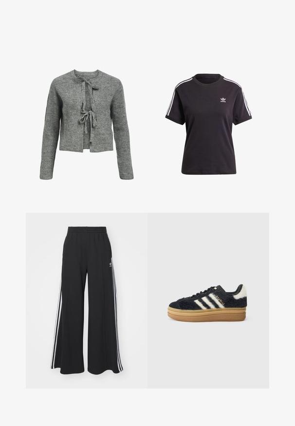 Maglione grigio a maglia con scollo rotondo, maniche lunghe e chiusura a lacci sul davanti. La texture è a costine, creando un aspetto accogliente.; T-shirt corta nera in cotone a maniche corte con collo rotondo, caratterizzata da strisce bianche sulle spalle e un piccolo logo Adidas bianco sul petto.; Pantaloni in felpa neri a gamba larga con vita elastica, dotati di strisce bianche sui lati e un logo ricamato sulla coscia sinistra.; Sneaker neri e pelosi con strisce bianche e scritte dorate, caratterizzati da una suola in gomma spessa e una parte superiore testurizzata. Accentuati da un retro morbido.