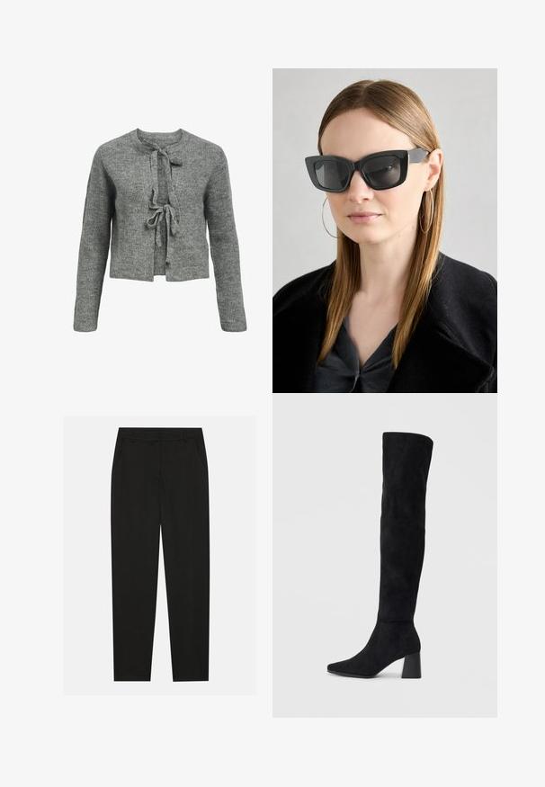 Sivi pleteni pulover s okruglim izrezom, dugim rukavima i vezanjem sprijeda. Tekstura je rebrasta, što stvara udoban izgled.; Crna majica bez ramena izrađena od mekanog rastezljivog materijala. Ima kratke rukave i prilagođen siluetu. Jednostavan, bezšavni dizajn.; Crne hlače s krojem po mjeri, s bočnim džepovima i ravnim nogavicama. Izrađene od glatkog, laganog materijala s elegantnim završetkom.; Crne antilop čizme do koljena s blok potpeticom, šiljastim prstom i glatkim, bešavnim dizajnom na običnoj svijetloj pozadini.; Crne mačje naočale s tamnim staklima, debelim okvirima i suptilnim detaljima. Nosit će se s crnim kaputom i sivoj majici, s dugom ravnom kosom.