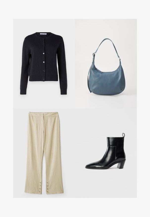 Tummansininen neulottu villatakki, jossa on pyöreä kaula-aukko, pitkät hihat ja kuusi nappia edessä. Pehmeä rakenne ja istuva malli.; Musta hihaton paita, jossa on pyöreä kaula-aukko ja avonainen takaosa. Sisältää pystysuoria poimuja tekstuurin luomiseksi. Sileä kangas, jossa on lievää kiiltoa.; Beige leveleistä housuja, joissa on teksturoitu kangas. Mukana litteä vyötärö ja viisi nappia helman sulkemiseen. Silitetty muotoilu.; Musta nahkainen nilkkuri, jossa on terävä kärki, geometrinen pinoettu korko ja vetotappi takana. Sileä pinta ja tyylikäs muotoilu.; Sininen nahkakäsilaukku pyöreällä muotoilulla, yhdellä olkahihnalla, vetoketjukiinnityksellä ja kohokuvioidulla brändinimellä edessä. Sileä pinta.