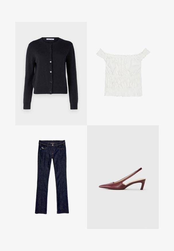 Cardigan de malha azul marinho, com decote redondo, mangas longas e seis botões frontais. Textura suave e design ajustado.; Top branco sem alças com detalhes em babados, textura franzida e cintura elástica. Feito de tecido de algodão macio.; Calças de ganga azul-escuras com um design de perna reta, apresentando um fecho de botão frontal, cinco bolsos e costuras visíveis ao longo das costuras.; Sapatos de salto slingback em bordeaux com bico pormenorizado, detalhes recortados na lateral e um salto quadrado de altura média. Acabamento em pele suave.