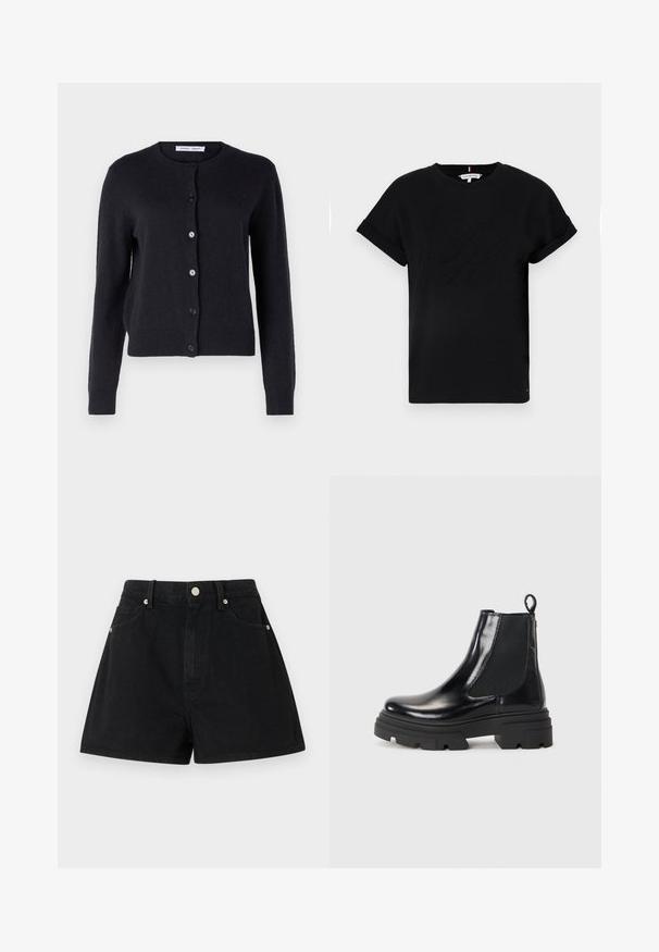 Tumedast sinine, kudumine kardigan ümarate krae, pikkade varrukate ja kuue esise nupuga. Pehme tekstuur ja keha lähedane disain.; Mustmust särk, millel on rullitud lühikesed varrukad, keskosas on embosseeritud logo ja küljel väike lipu aktsent.; Mustad denim lühikesed püksid kõrge vöökoht, viie tasku, hõbedased detailid ja tavaline lõige, sile tekstuur ja puhas viimistlus.; Mustad mustad mustadidega nahast kingad, millel on sujuv disain, elastsed külgpaneelid ja tummine must tall. Tagaküljel on mugav kinnituslipik lihtsaks jalga panemiseks.