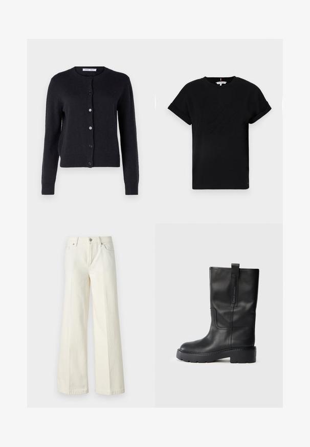 Tumši zilas krāsas adīta jaka ar apaļu kakla izgriezumu, garām piedurknēm un sešām pogām priekšpusē. Mīksta tekstūra un pieguļoša forma.; Melns kokvilnas T-krekls ar sarullētām īsām piedurknēm, centrā ir izcilināts logo un neliels karoga akcents sānos.; Platās kāju baltās džinsas, izgatavotas no kokvilnas maisījuma auduma. Tām ir rāvējslēdzēja josta, piecu kabatu dizains un šuvju izšuvumi gar šuvēm.; Melnas ādas līdz ceļiem augstas zābaki ar elegantu dizainu, kas iezīmē biezus zole un sānu cilpu, lai ērtāk uzvilktu. Ievērojamas šuvju akcenti.