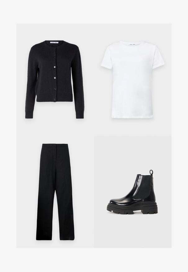 Marineblå, strikket cardigan med rund hals, lange ermer og seks frontknapper. Myk tekstur og tettsittende design.; Hvit kortermet t-skjorte laget av bomull med rund hals-design. Glatt tekstur og rett snitt, uten mønstre eller detaljer.; Svarte vide bukser laget av et lett stoff. Har en jevn tekstur, høy livhøyde og minimale sømdetaljer.; Sorte ankelstøvler i læder med et strømlinet design, elastiske sidepaneler og en kraftig sort sål. Har en trækflig bagpå for nem påtagning.