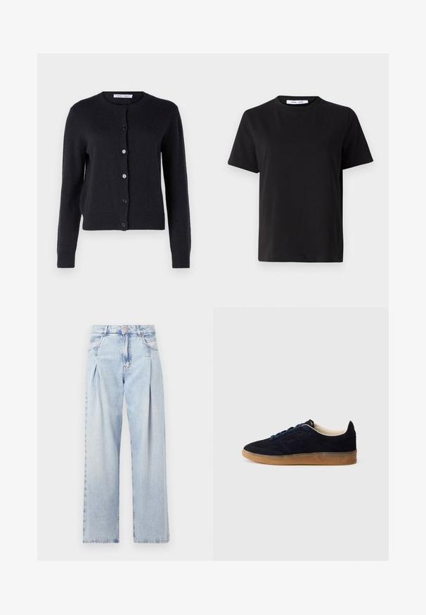 Sötétkék, kötött kardigán kerek nyakkivágással, hosszú ujjal és hat elülső gombbal. Puha tapintású és testhezálló dizájn.; Fekete, rövid ujjú póló, puha pamutból készült, kerek nyakkivágással, laza szabással és sima textúrával. Nincs látható minta vagy grafikák.; Világoskék farmernadrág magas derekú, bő szabású, két oldalsó zsebbel és pliszírozott dizájnnal. Puha tapintású, elhalványított felület.; Tengerészkék színű nubuk bőr sportcipő barna gumitalppal, kék fűzőkkel és minimalista dizájnnal. Az oldalán dombornyomott logóval és sima belső béléssel.