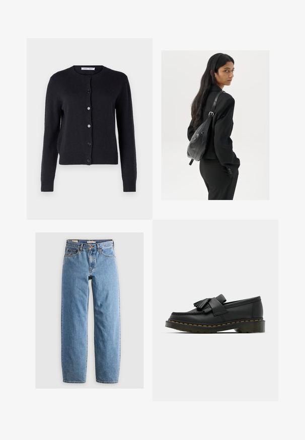 Navy blue, knitted cardigan with a round neckline, long sleeves, and six front buttons. Soft texture and fitted design.; White sleeveless tank top made of ribbed fabric, featuring a rounded neckline and a fitted silhouette, with minimal seams and no embellishments.; Light blue denim jeans with a straight leg design, five pockets, a zipper fly, and a subtle faded texture. Classic styling with minimal hardware.; Black leather loafers with a rounded toe, featuring a fringed detail and a decorative band across the front, set on a chunky heel.; Woman with long dark hair wearing a black suit, carrying a black leather shoulder bag, looking over her shoulder against a white background.