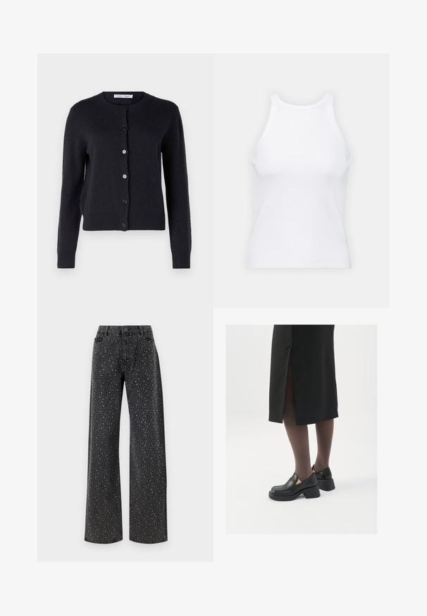 Tmavě modrý pletený kardigan s kulatým výstřihem, dlouhými rukávy a šesti předními knoflíky. Měkká textura a přiléhavý střih.; Bílý bezrukávový top vyrobený z ribbed látky, s kulatým výstřihem a přiléhavým střihem, s minimem švů a bez ozdob.; Noisy May NMJANNEL LOOSE - Džíny Relaxed Fit - black denim; Černé kožené boty s kulatou špičkou, silným blokovým podpatkem a elastickými bočními akcenty, spárované s tmavými punčochami a černou sukní se rozparkem.
