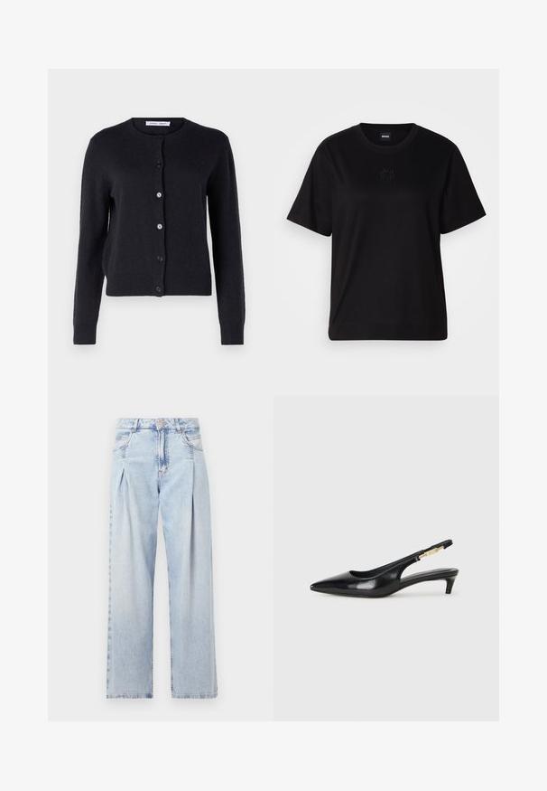 Navy blue, knitted cardigan with a round neckline, long sleeves, and six front buttons. Soft texture and fitted design.; Black cotton t-shirt with a crew neckline, short sleeves, and an embroidered logo on the chest. Simple, relaxed fit with no patterns.; Light blue denim jeans with a high waist, wide-leg cut, two side pockets, and pleated design feature. Soft texture with a faded finish.; Black leather slingback heels with a pointed toe, featuring a slim heel and a gold-tone accent on the adjustable strap. Smooth texture.