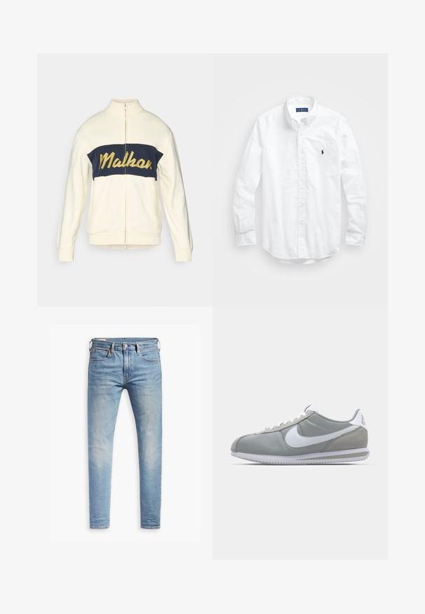 Veste zippée crème avec col haut, bloc de couleur bleu marine horizontal avec le texte jaune "Malkar" en script. Tissu doux avec des poignets côtelés.; Chemise blanche à manches longues en coton. Dotée d'un col classique, de poignets à boutons et d'un petit logo brodé bleu marine sur la poitrine.; Jean slim bleu clair avec un léger délavage sur les cuisses, fermeture à bouton à l'avant, passants de ceinture et style à cinq poches sur fond blanc.; Chaussure de sport grise avec une tige en daim et textile, logo Nike en blanc et lacets blancs. Elle dispose d'une semelle en caoutchouc texturée et d'un collier rembourré.