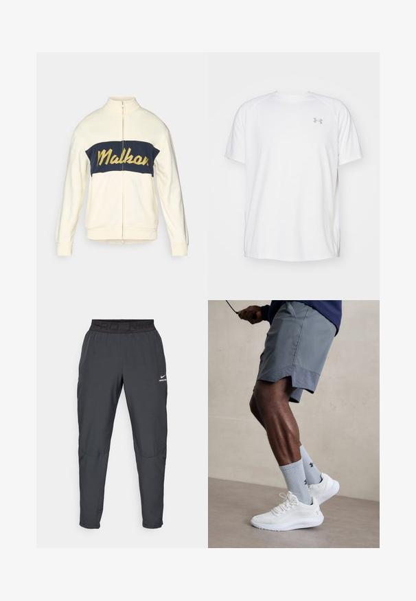 Jachetă crem cu fermoar, cu guler înalt, în nuanță marină cu blocuri orizontale de culoare, având textul galben "Malkar" scris în stil cursiv. Material moale cu manșete ribbate.; Camică sport cu mânecă scurtă, de culoare albă, fabricată dintr-un material neted. Dispune de un guler tip crew și un logo gri pe pieptul stâng, cu slituri laterale la tiv.; Pantaloni Nike Pro de culoare gri închis, cu un bandaj elastic negru pe care sunt inscriptionate textele "PRD" și "NIKE PRO", material neted, design conic și detalii subtile de cusătură.; Încălțăminte sport albă cu partea superioară din plasă texturată, asociată cu șosete ribbate de culoare bleu deschis care au un logo. Şorturi sportive gri cu margine perforată.