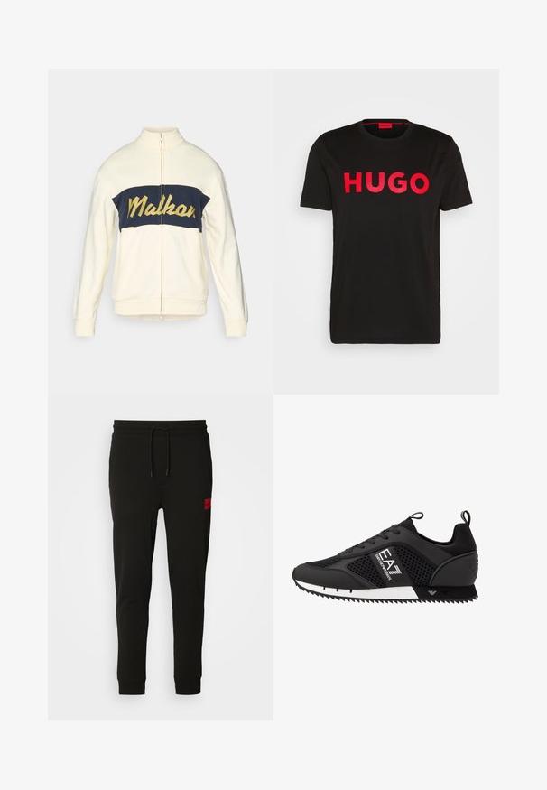 Creme zip-jakke med høj krave, marineblå horisontal farveblok med gul "Malkar" tekst i kursiv. Blødt stof med ribbede manchetter.; Sort bomulds T-shirt med fed rød "HUGO" tekst foran, korte ærmer, rund halsudskæring og en afslappet pasform.; Sorte sweatpants lavet af blødt stof, med elastik i taljen, slim fit og et rødt logo-patch på venstre lår.; EA7 Emporio Armani Sneakers - black/white