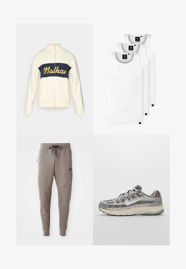 Krēmkrāsas jaka ar rāvējslēdzēju un augstu apkakli, tumši zila horizontāla krāsu josla ar dzeltenu "Malkar" tekstu skriptā. Mīksta auduma, ar ribotām aprocēm.; Trīs baltas ribotas krūšturi, kas izgatavoti no kokvilnas. Iezīmēti ar apaļu kakla izgriezumu un maziem melniem etiķetēm tuvu apakšmalai. Pieejami vairākos izmēros.; Pelēki Nike sporta bikses ar aukliņu viduklī, sašaurinātiem galiem, sānu kabatām un izteiktām šuvēm. Mīksta, teksturēta auduma.; Pelēkie sporta apavi ar tīkla un zamša augšdaļu, baltiem akcentiem, mīkstinātu zoli un izcilu dizainu ar atstarotājiem.