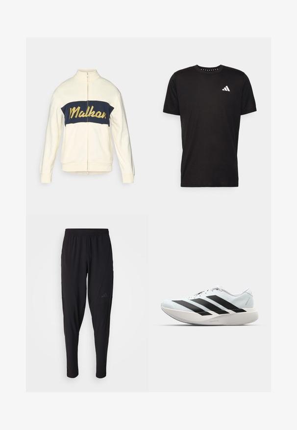 Kremfarvet jakke med lynlås og høj krave, marineblå vandret farveblok med gul "Malkar" tekst i skrifttype. Blødt stof med ribbede manchetter.; Svart bomulls t-skjorte med korte ermer, rund hals og en hvit logo på venstre bryst. Glatt tekstur og enkelt design.; Svarte treningsbukser med elastisk midje, smal design, sidelommer og subtil logo. Laget av fleksibelt, pustende stoff.; Lette løpesko i lys blå med svarte striper. Har en myk overdel, rund tå og tykk hvit mellomsole merket "LIGHTSTRIKE PRO."