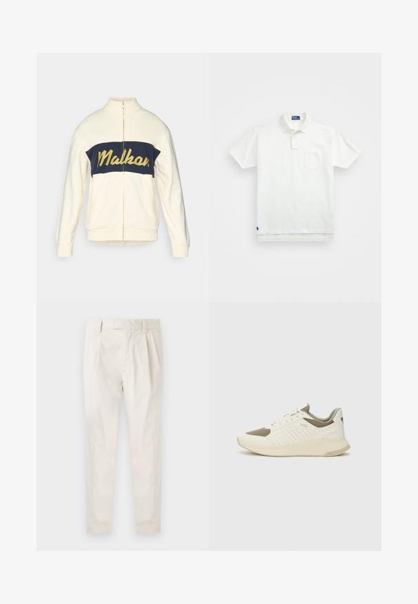 Kremfarvet jakke med lynlås og høj krave, marineblå vandret farveblok med gul "Malkar" tekst i skrifttype. Blødt stof med ribbede manchetter.; Hvit polo skjorte laget av bomull, med klassisk krage, tre-knapps ståkrage og lomme på venstre bryst; liten logo ved kanten.; Hvite, pregede bukser med skreddersydd passform, som har en jevn tekstur, beltehemper og avsmalnende ben. Ingen synlige lommer eller mønstre.; Hvit og lysebeige treningssko, med en mesh-overdel, perforerte detaljer og en teksturert mellomsåle med merkevare på hælen.