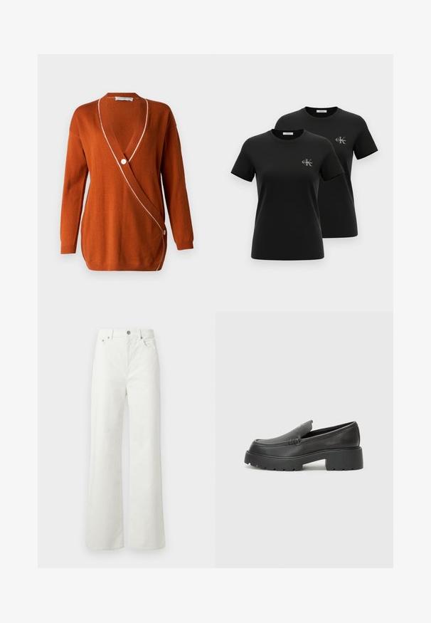 Roostevärvi kardigan, millel on sügav V-kaelus, pikad varrukad ja valge accent ääres. Ühel küljel on üks nööbiliug.; Kaks musta lühikese varrukaga ümara kaelusega T-särki, millel on vasakul rinnal väikesed hallid "CK Calvin Klein" logod, esitatuna valgel taustal.; Samsøe Samsøe SHELLY - Avar lõikega teksad - clear cream; Mustad nahast loafers ümarate varvastega, paksu tekstuuriga tald ja minimaalsete õmbluse detailidega. Viimistletud disain, kus pole nähtavaid paelu ega riistu.