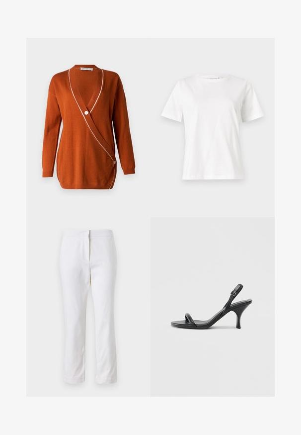 Rūsas krāsas kardigāns ar dziļu V-veida kakla izgriezumu, garām piedurknēm un baltu akcentu gar malu. Ir vienas pogas aizdare vienā pusē.; Baltas kokvilnas T-krekls ar īsām piedurknēm, apaļu kakla izgriezumu un brīvu piegriezumu. Gluda tekstūra, bez rakstiem vai akcentiem, minimālistisks dizains.; Baltas kokvilnas bikses ar taisnu kāju dizainu, ar vidēju augstumu un bez redzamām detaļām vai rakstiem. Visā virsmā ir gluda tekstūra.; Melnas ādas augstpapēžu sandales ar plānu, izliekta formas papēdi un krustenisku siksnu dizainu. Regulējama potītes siksna. Gluda tekstūra.