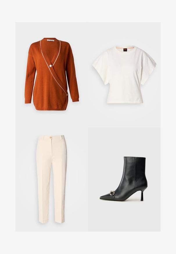 Rudos spalvos kardiganas su giliu V formos iškirpimu, ilgomis rankovėmis ir baltu akcentu palei kraštą. Viena pusė turi vieną mygtuką.; Baltas trumpas marškinėliai, plačios trumpomis rankovėmis, minkšta medvilnė, apvali kaklo iškirptė su subtiliu oranžiniu apvadu, minimalus dizainas, be raštų ar grafikų.; Kreminės spalvos, aukštu liemeniu kelnės, pagamintos iš tekstūruoto audinio. Turi priekinį mygtuko užsegimą ir siaurėjantį kirpimą.; Juodas odinis apavas iki kulkšnies su smailiu nosiu, plonu vidutinio aukščio kulnu ir sidabriniu sagties akcentu šone, prieš paprastą foną.