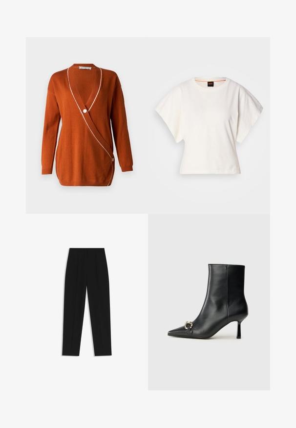 Rustfarbener Cardigan mit tiefem V-Ausschnitt, langen Ärmeln und einem weißen Akzent am Rand. Verfügt über einen einzelnen Knopfverschluss auf einer Seite.; Weißes, kurzes T-Shirt, kurze weite Ärmel, weicher Baumwollstoff, runder Ausschnitt mit subtilen orangefarbenen Akzenten, minimales Design, keine Muster oder Grafiken.; Schwarze Hose mit geradem Schnitt, doppelten Falten, einer glatten Textur und einem klassischen Bunddesign. Keine sichtbaren Beschläge oder Akzente.; Schwarze Leder-Stiefelette mit spitzer Zehe, schlankem, mittelhohem Absatz und silberner Schnalle seitlich vor einem schlichten Hintergrund.