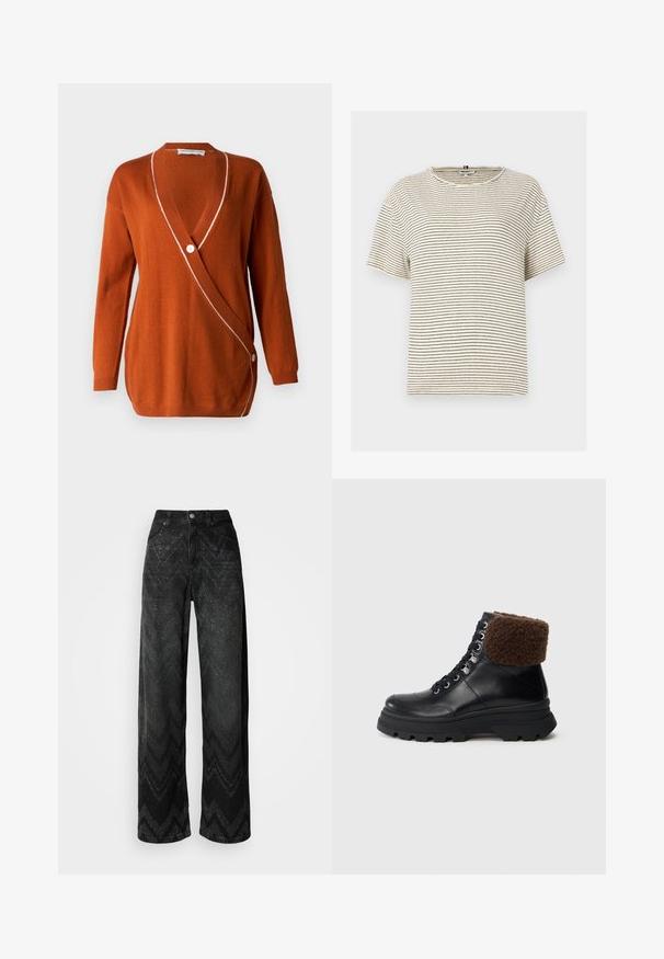 Cardigan color ruggine con scollo a V profondo, maniche lunghe e un bordo bianco lungo il profilo. Presenta una chiusura a pulsante singolo su un lato.; T-shirt a righe, maniche corte, di colore crema con strisce orizzontali nere. Presenta un collo rotondo e una vestibilità comoda. Realizzato in tessuto morbido.; Jeans neri a gamba larga con un motivo a zig zag. Realizzati in denim, con chiusura a bottone e due tasche frontali.; Stivale in pelle nera con lacci, suola spessa a tasselli e colletto in shearling marrone ripiegato, mostrato di lato su uno sfondo semplice.