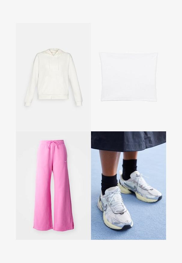 Biela mikina na zips s kapucňou na šnúrky, bočnými vreckami a rebrovanými manžetami. Mäkko materiál s hladkou textúrou a jednoduchým dizajnom.; Biela obliečka na vankúš s hladkým, jemným povrchom, s obdĺžnikovým tvarom a čistými okrajmi, navrhnutá pre štandardné veľkosti vankúšov.; Ružové nohavice s širokými nohavicami vyrobené z mäkkého bavlneného materiálu, s elastickým pásom na šnúrku a malým bielym logom na prednej strane.; Biele a strieborné Nike tenisky s mrežovou textíliou, reflexnými akcentmi a béžovou podrážkou. Nosené s čiernymi ponožkami, stojace na modrom povrchu.