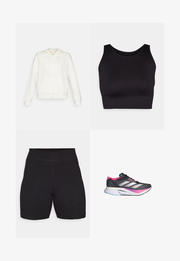 Biała bluza z kapturem zapinana na zamek, z regulowanym kapturem, bocznymi kieszeniami i ściągaczami. Miękki materiał o gładkiej fakturze i prostym wzorze.; Czarny prążkowany crop top z wysokim kołnierzem i szerokimi wycięciami na ramionach, wykonany z miękkiego, elastycznego materiału dla wygody i bezszwowym wzornictwie.; Czarne szorty rowerowe z wysokim stanem, wykonane z elastycznego, miękkiego materiału. Posiadają płaskie szwy i gładką teksturę dla komfortu.; Buty biegowe z szarym siateczkowym wierzchem, różowymi akcentami i białymi paskami. Posiadają wyściełaną podeszwę oraz smukły, aerodynamiczny kształt.