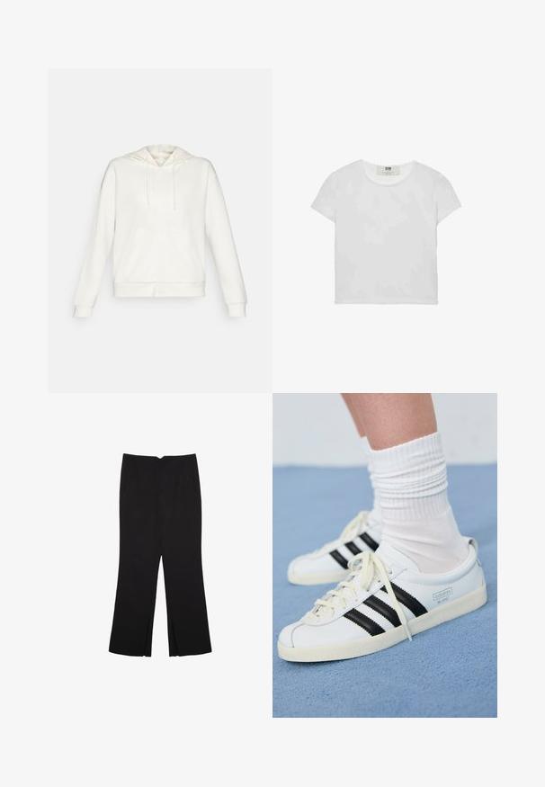 Weißer Reißverschluss-Hoodie mit Kapuze und Kordelzug, Seiten Taschen und gerippten Bündchen. Weiches Material mit glatter Textur und schlichtem Design.; Weißes T-Shirt mit kurzen Ärmeln und Rundhalsausschnitt, aus weicher Baumwolle gefertigt, mit einem schlichten, sauberen Design ohne sichtbare Muster oder Akzente.; Schwarze Hose mit geradem Schnitt, ausgestattet mit Fronttaschen und Seitenschlitzen am Saum. Hergestellt aus weichem, glattem Stoff. Geeignet für verschiedene Anlässe.; Weiße Ledersneaker mit schwarzen Streifen, cremefarbener Sohle und hellen Schnürsenkeln. Getragen mit weißen gerippten Socken, positioniert vor einem blauen Hintergrund.