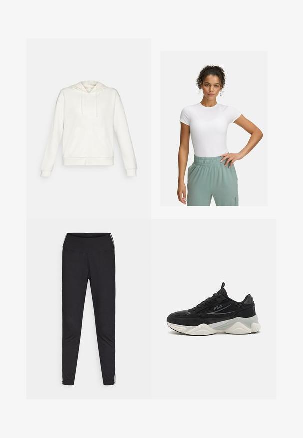 Balta zip-up džemperis su raišteliu ant kapucės, šoninėmis kišenėmis ir guminiu rankogaliu. Minkšta medžiaga su lygiu paviršiumi ir paprastu dizainu.; Baltas prigludęs marškinėliai su trumpomis rankovėmis, derinami su šviesiai žaliomis elastingomis kelnėmis. Lygi tekstūra, minimalistinis dizainas, be akivaizdžių raštų.; Juodos tamprės pagamintos iš elastingos medžiagos. Aukštas juosmuo, siaurėjantis fasonas, turi baltus šoninius raštus palei išorinius siūlus. Lygus paviršius.; Juodi sportiniai bateliai, pagaminti iš tinklinės medžiagos ir zomšo, su storu padu, apvalia forma, subtiliomis pilkomis detalėmis ir prekės ženklu šone.