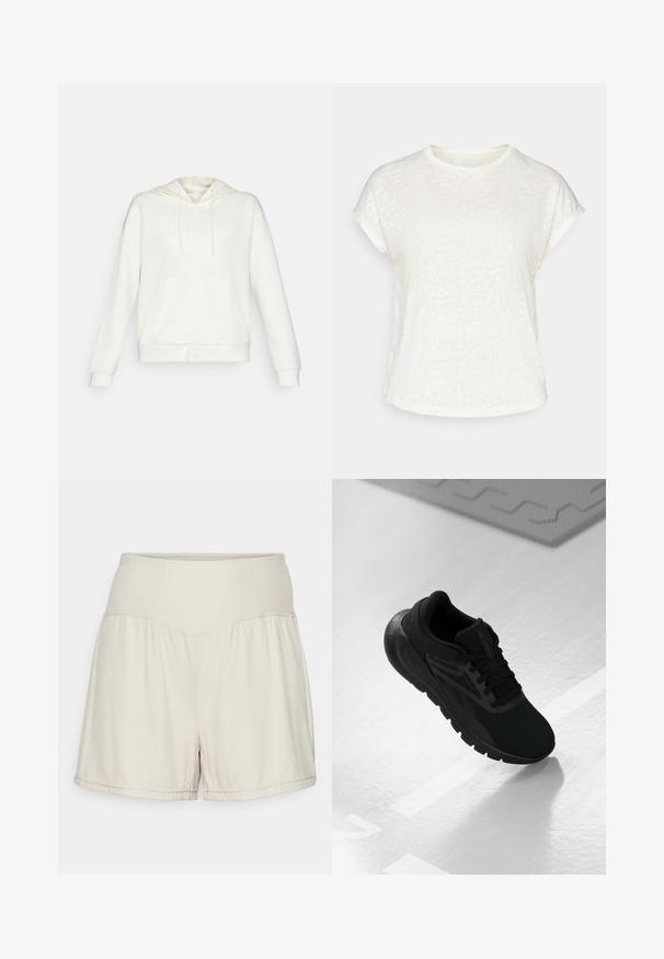 Valge tõmbluku kapuutsiga sweatshird, millel on stringiga kapuuts, küljetaskud ja soonikkoes varrukad. Pehme materjal siledast tekstuurist ja lihtne disain.; Valge lühikeste varrukatega t-särk, millel on tekstureeritud lillemuster, ümmargune kaelus ja lõdvestunud lõige. Valmistatud pehmest ja kergest kangast.; Heledad beežid lühikesed püksid, millel on tekstuuriga ribast vöökoht, voolav disain ja mugav lõige. Omavad tõmblustikku ja külgsluuke paindlikkuse jaoks.; Mustvalge spordijalats, millel on võrgusilma ülemine osa, ümmargune nina, pehme talla ja tekstuuriga aktsendid, asetatuna siledale valgele pinnale.