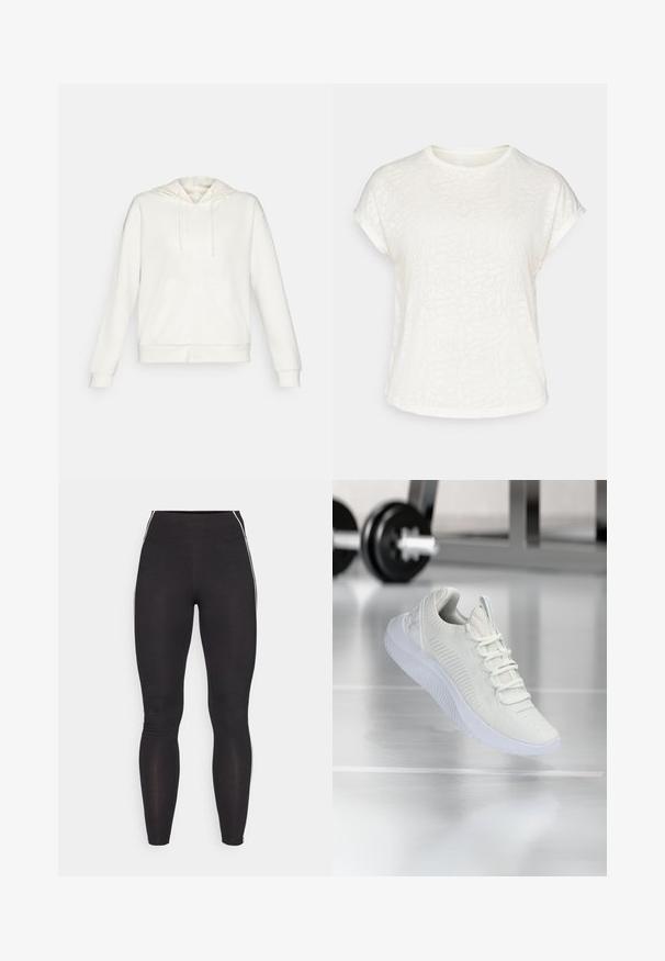 Valge tõmbluku kapuutsiga sweatshird, millel on stringiga kapuuts, küljetaskud ja soonikkoes varrukad. Pehme materjal siledast tekstuurist ja lihtne disain.; Valge lühikeste varrukatega t-särk, millel on tekstureeritud lillemuster, ümmargune kaelus ja lõdvestunud lõige. Valmistatud pehmest ja kergest kangast.; Mustad mustad retuusid, mis on valmistatud venivast materjalist ja kõrge vöökoht. Omab valgeid külgkreedo ja ühtlast tekstuuri.; Valge sportlik tennis, millel on tekstureeritud võrkkangas ülemine osa ja nööbilukusüsteem, millel on pehme valge tall ning delikaatsed ribalised aksendid.