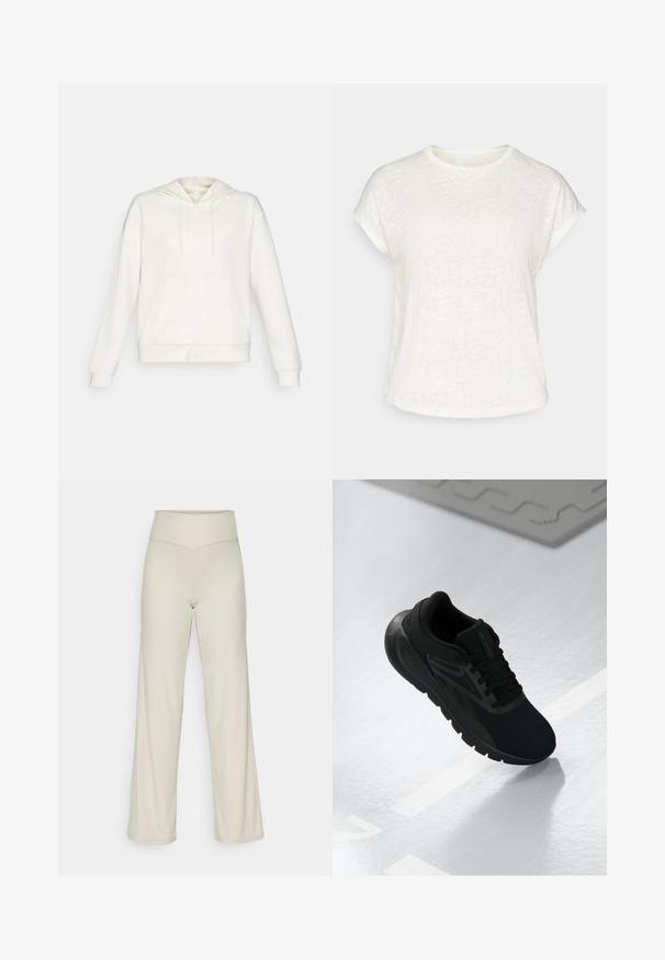 Hoodie blanc zippé avec capuche à cordon, poches latérales et poignets côtelés. Matériau doux avec une texture lisse et un design simple.; T-shirt blanc à manches courtes avec un motif floral texturé, col rond et coupe détendue. Fabriqué dans un tissu doux et léger.; Pantalons beige à jambes larges avec une texture côtelée, une taille haute et une coupe droite. Présente une fente subtile à l'ourlet.; Chaussure de sport noire avec une tige en mesh, bout rond, semelle rembourrée et accents texturés, posée sur une surface blanche lisse.