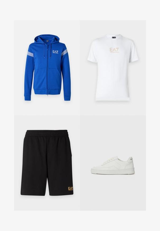 Kék, cipzáros kapucnis felső, fehér EA7 logóval, két elülső zsebbel és csíkozott díszítéssel a karokon. Puha textúrájú anyag.; Fehér pamut póló, kerek nyakkivágással és rövid ujjakkal, az elején arany EA7 Emporio Armani logóval nyomtatva.; Fekete sportnadrág puha anyagból, rugalmas derékkal és egy kis sárga EA7 logóval a bal alsó lábszáron.; Fehér bőr sportcipő sima felülettel, kerek orral, lapos fűzőkkel és texturált talppal. Finom logó található a sarokon.