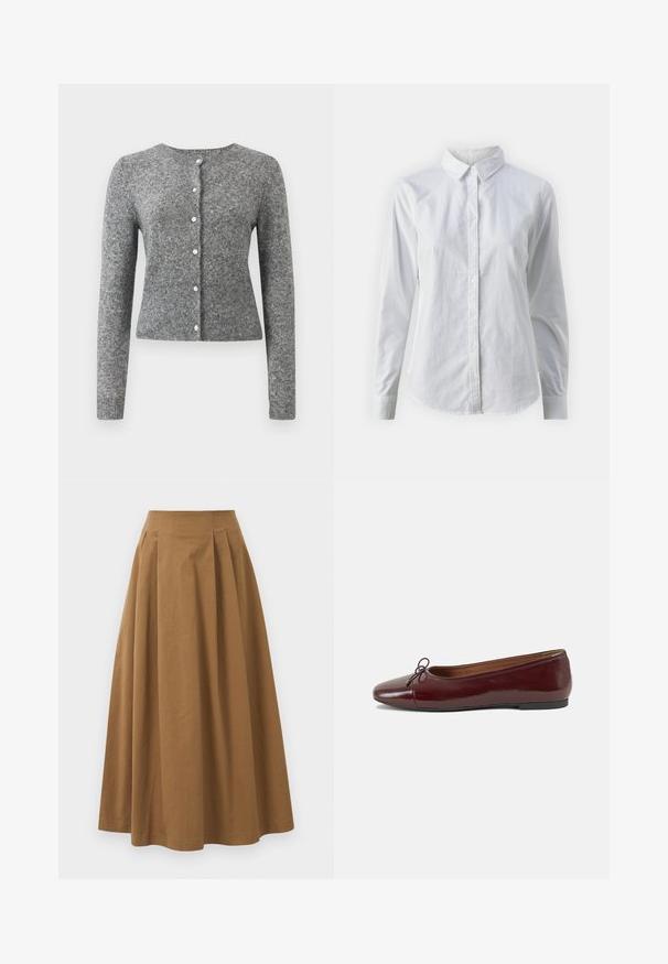 Grå strikket cardigan med lange ermer, rund hals og seks knapper. Har ribbestrikket kant og tekstur gjennom hele stoffet.; Hvit skjorte med knapper laget av glatt bomull, med klassisk krage, lange ermer og buet skjær. Knapper er små og hvite.; Brun bomull A-linje skjørt med høy midje, med folder foran og en jevn tekstur. Kantene er rene og enkle.; Burgunderrød lakk lær ballettleilighet med rund tå, liten sløyfe foran og en lav, svart gummisåle. Glatt tekstur.